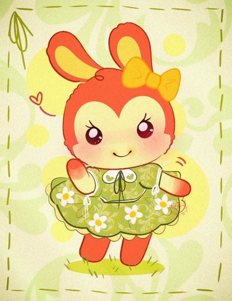 A stylized illustration of the red and light yellow rabbit character from Animal Crossing, Bunnie, waving and smiling sweetly. She's wearing a green dress with white flowers on it with a dandelion-color bow on her head more towards the right side (of the viewer) of her head. She's standing on a small patch of green grass.

Background is light green with a slightly darker olive green Victorian flowery pattern over top. Border is a green stitch pattern.