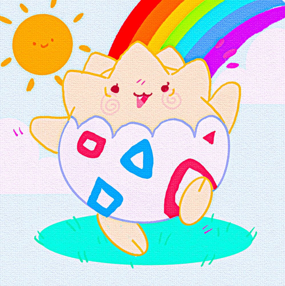 A stylized illustration of Togepi, the
egg Pokemon. Togepi is a round light
yellow Pokemon sticking out of a shell with a red and blue patterning, and a pointed head. There is a rainbow and smiling Sun in the back, with a patch of grass. Togepi appears to be dancing.