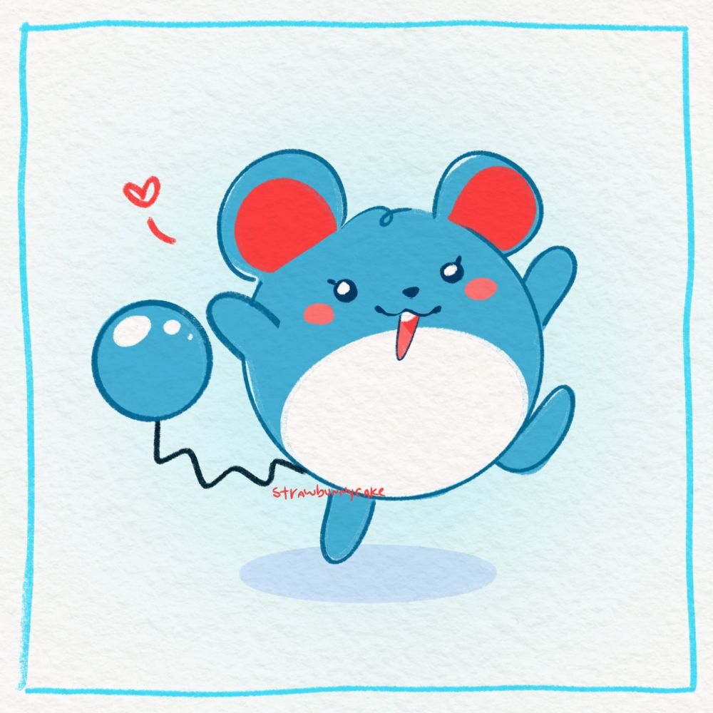 A stylized doodle of a bipedal, round, blue Pokemon creature, Marill, smiling brightly and leaping happily into the air with a red heart next to it.