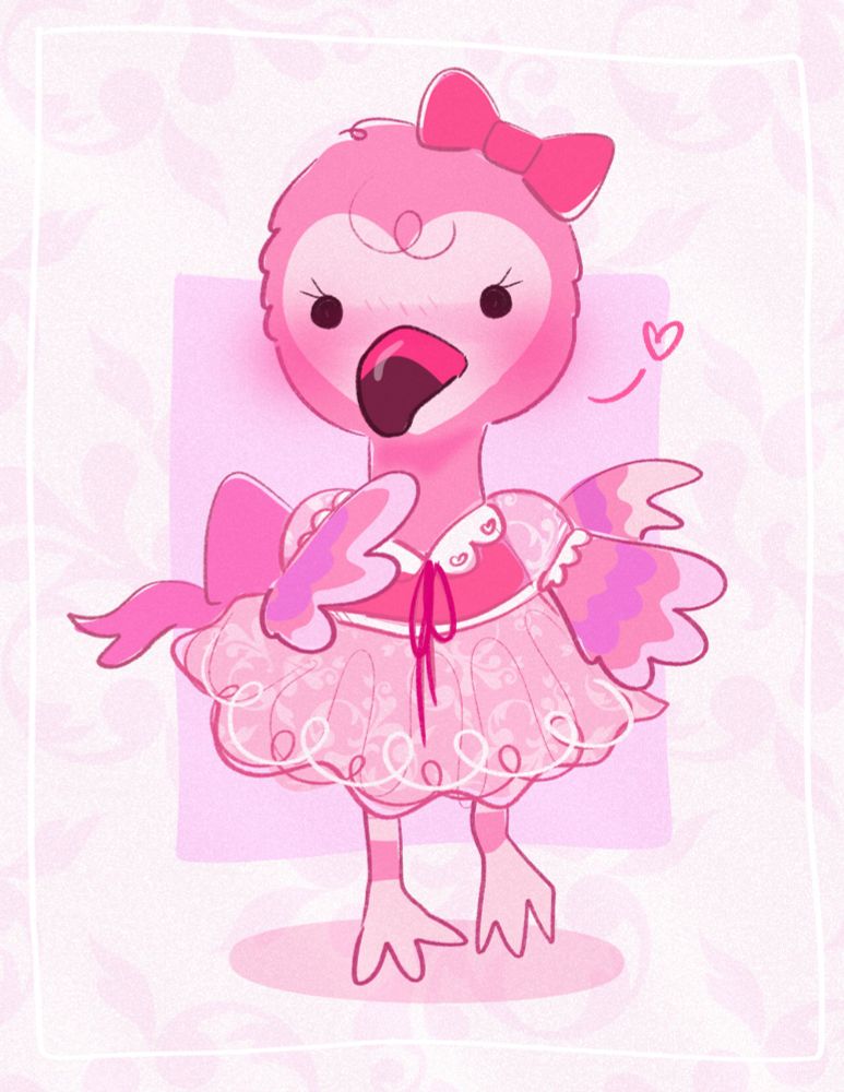 A stylized illustration of the pink "flamingo"/ostrich bipedal character from Animal Crossing, Flora. She is drawn wearing a pink blouse, muted baby pink skirt with a flower pattern on it, and a saturated pink bow accessory/decoration on the top of her head.