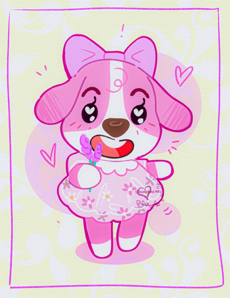 A stylized illustration of the bipedal pink Animal Crossing dog character, Cookie, wearing a cute dress, smiling while holding out a purple flower on a yellow background.