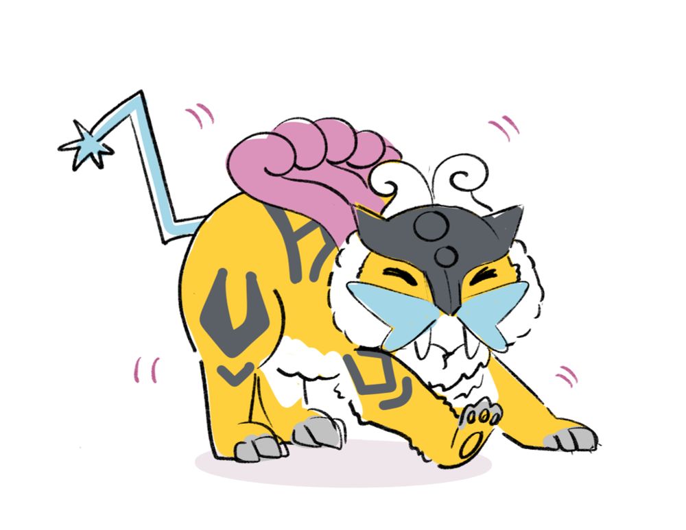 A stylized illustration of the "sabertooth tiger" inspired mostly yellow with black stripes legendary Pokemon, Raikou, drawn in a more chibi style and stretching like a house cat would. His backend is up in the air with his front paws stretched out in front of him.
