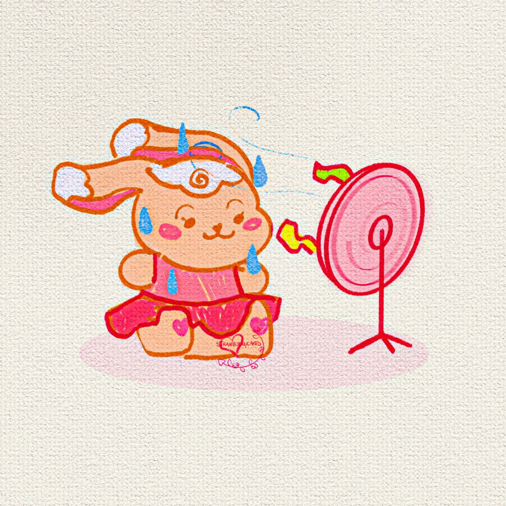 A stylized illustration of a bipedal mostly light beige lop bunny character with a pink dress. She's sweating and sitting in front of a fan with her long, floppy ears blowing in the air the fan is blowing out.