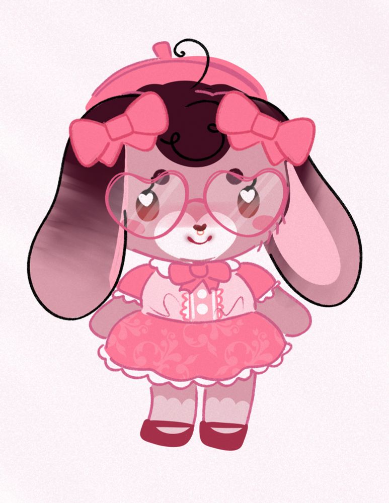 A stylized illustration of a bipedal mostly light brown lop bunny character. The top of the bunny's head is dark brown gradient to light brown down the rabbit's long, floppy ears. They're wearing pink heart-shaped glasses and sporting a septum piercing in gold.

They're also wearing a pink dress with two matching bows on their ears and a matching beret behind their head.