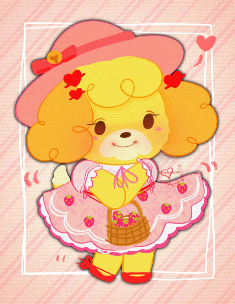 A stylized illustration of the yellow/gold color bipedal shih tzu dog character from Animal Crossing, Isabelle, in a Southern/country style strawberry dress, red shoes, and hat, holding a basket of strawberries in her paws.