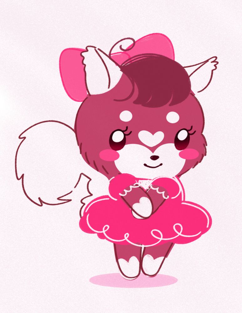 A stylized illustration of a bipedal mostly light reddish-brown squirrel inspired character wearing a pink dress.
