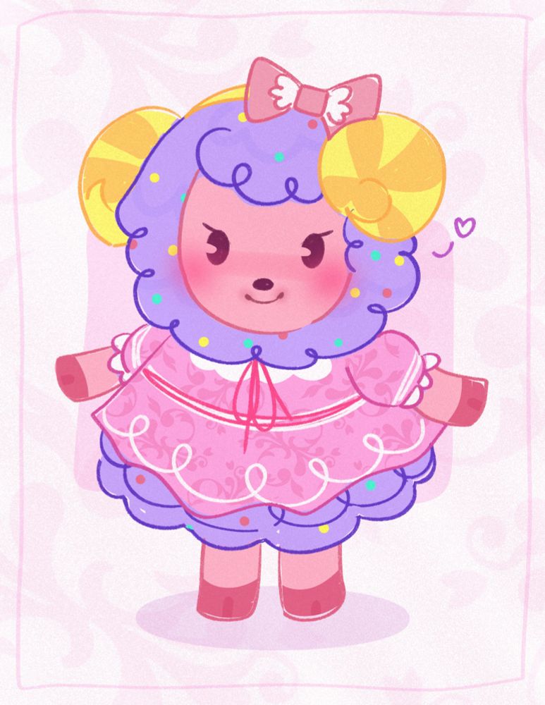 A stylized illustration of the purple, bipedal sheep character from Animal Crossing with yellow horns, Etoile, wearing a pink floral dress and matching bow on top of her head.