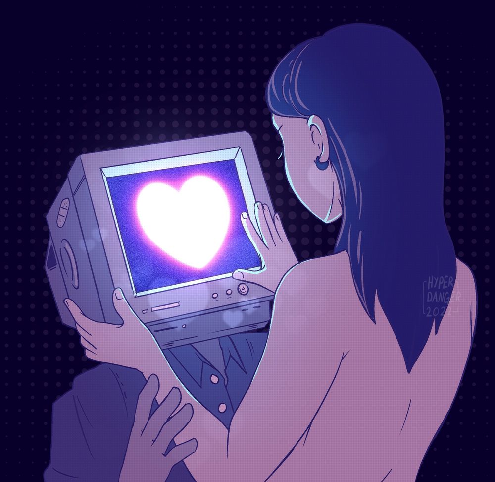 Two people, one has a tv for a head and is "looking up" at the other person. There is a big glowing heart on the screen and the other person touches the screen very gently.
