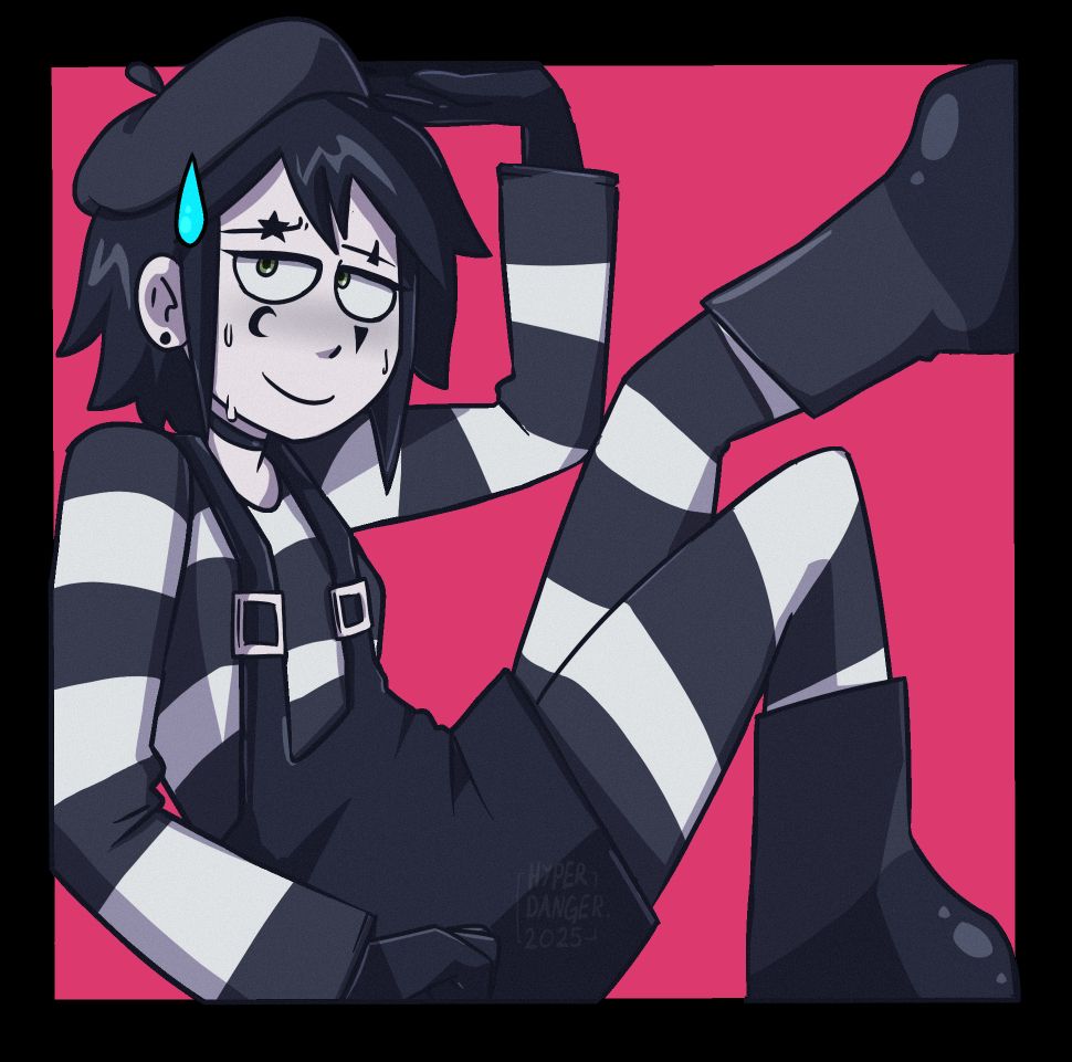 A mime girl OC, she's wearing black and white mime clothes with stripes, she is sitting as if she's stuck in a box