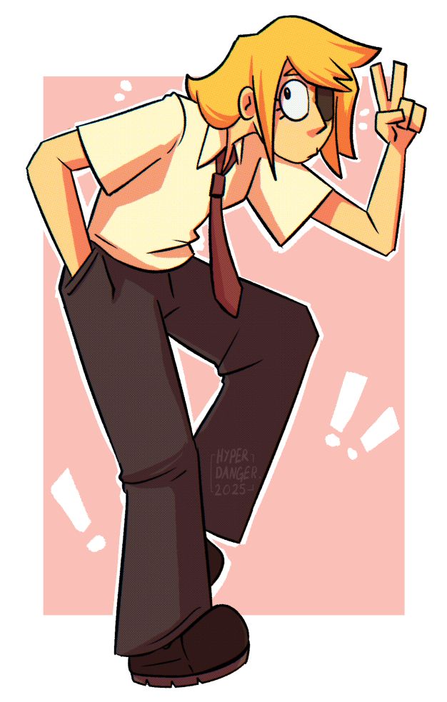 A character doing a peace sign and leaning forward. She has an eyepatch.