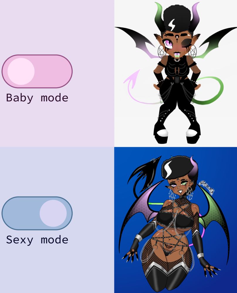 Baby Mode on Top Left and on Top right is a picture of a chibi version of Grymoria, black gothic demon. 

Sexy Mode on Bottom Left and on Bottom Right is a normal picture of Grymoria wearing a gothic bikini.