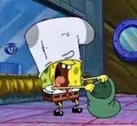 SpongeBob, with a big sock over his head, is holding an empty sack because he's trying to rob a bank.