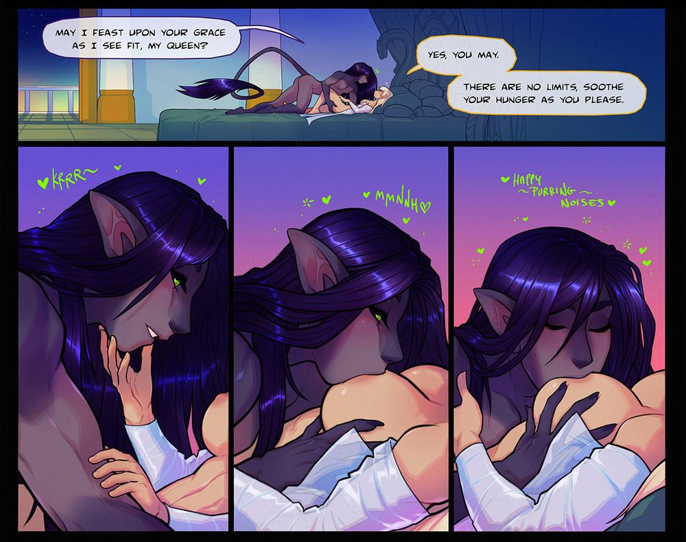 Dusk is making an advance on Dawn in bed, eating tiddy