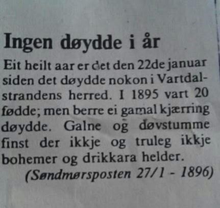 Bilde av nyhetsmelding i Sunnmørsposten fra 1896, Ingen døydde i år.