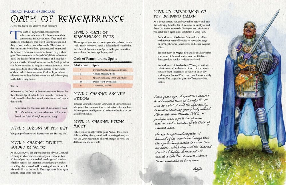 An image of a spread from the forthcoming Surviving Strangehollow D&D 5E book. It depicts the Oath of Remembrance Paladin Subclass and its abilities.