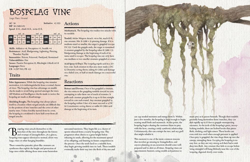 An image of a spread from the forthcoming Surviving Strangehollow D&D 5E book. It depicts a creature called a bospelag vine, as well as its statistics and description.
