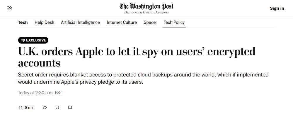 Image of Washington Post headline reading "UK orders Apple to let it spy on users' encrypted accounts."
