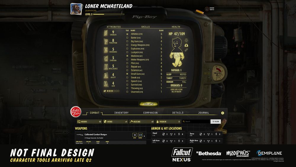 Teaser preview of the Fallout NEXUS Character Sheet on a Pip Boy
Not Final Design
Character Tools Arrive Late Q2
