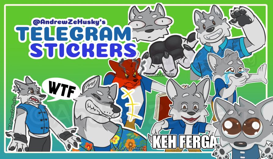 Telegram stickers
Cartoon husky dog drawn in different styles. Some of these are imitating popular memes. 