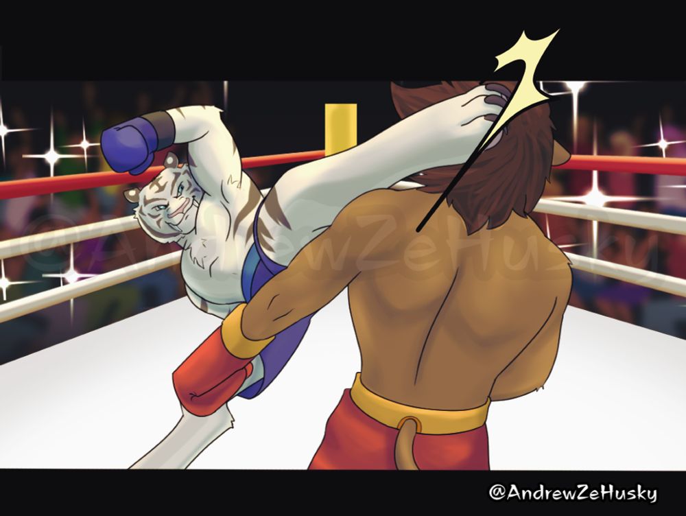 Kickboxing ring. A furry tiger and lion fighting. Red vs Blue gloves. 
Tiger is performing a kick to the lion's head. 
This illustration is as best as I could imitate a picture but sadly no photographers were mentioned in the website. 