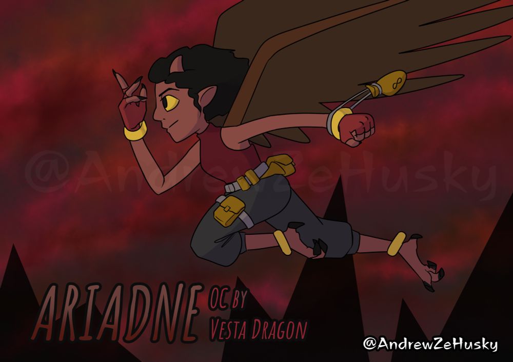 Hellaverse OC Ariadne. Desinged by VestaDragon. 
This hellborn looks kinda like a harpy with strong wings, claws and talons. 
There are two versions of this drawing with different outfits.This is the casual outfit. 
Ariadne wears comfortable but convenient clothes, a utility belt, both a leg and a lower back pouches, and has an infinity bag wrapped around her wrists. 