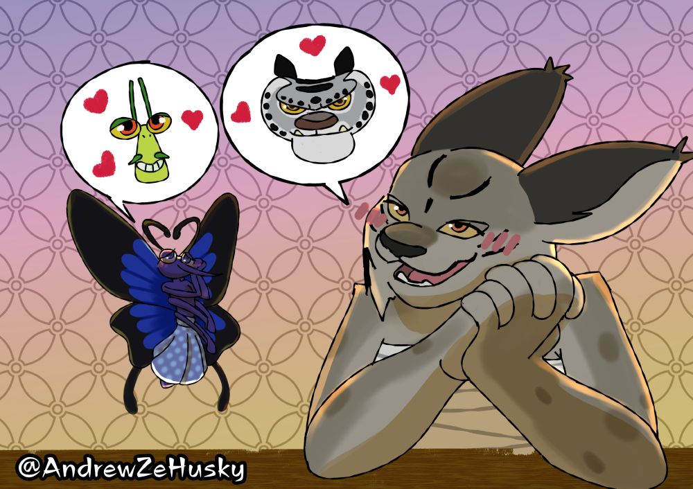 Two Kung Fu Panda OCs (a butterfly and a Lynx) talking about their respective crushes, Master Mantis and Tai Lung. 