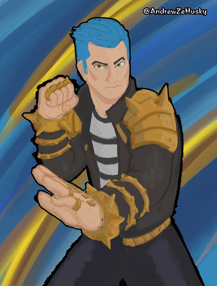 Half body digital drawing of a blue haired guy in black clothes with gold accents. He is an OC named Andrew and belongs to DarkstarVampire. Find this artist on Facebook or DeviantArt