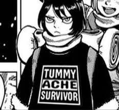 A meme depicting the character Izutsumi from the manga Delicious in Dungeon. She has short black hair and cat ears. She looks grumpy. She is wearing a shirt that says Tummy Ache Survivor in bold capital letters. 