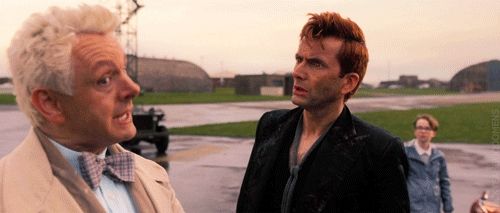 Crowley shushing Aziraphale on the airstrip 