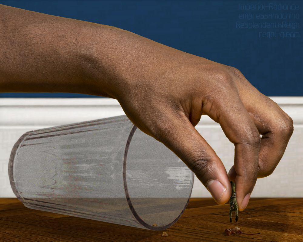 Up from a brown, herringbone, wooden floor, by the white baseboard or floor molding of a blue wall, a faceless hand of a black man plucks a tiny, gender-nonconforming woman from it, dangling her upside-down by their legs. Under the person lie some dropped, giant food crumbs and a tiny rope. Under the man's arm lies a glass up on its side with a few crumbs scattered by and in it.