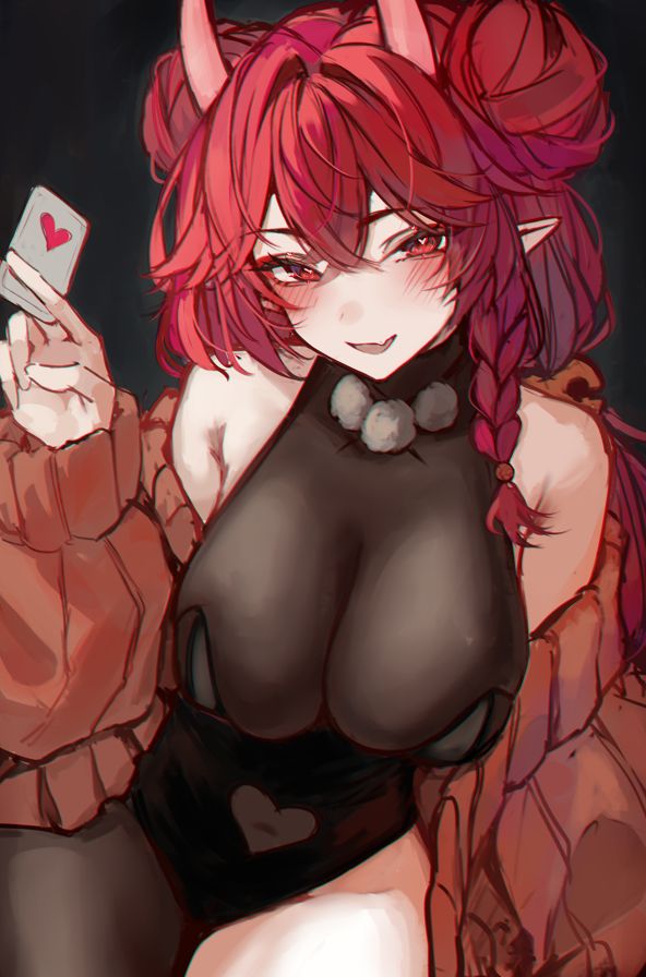 Red haired Oni wearing a cardigan holds a ace of hearts card and smiles at the viewer