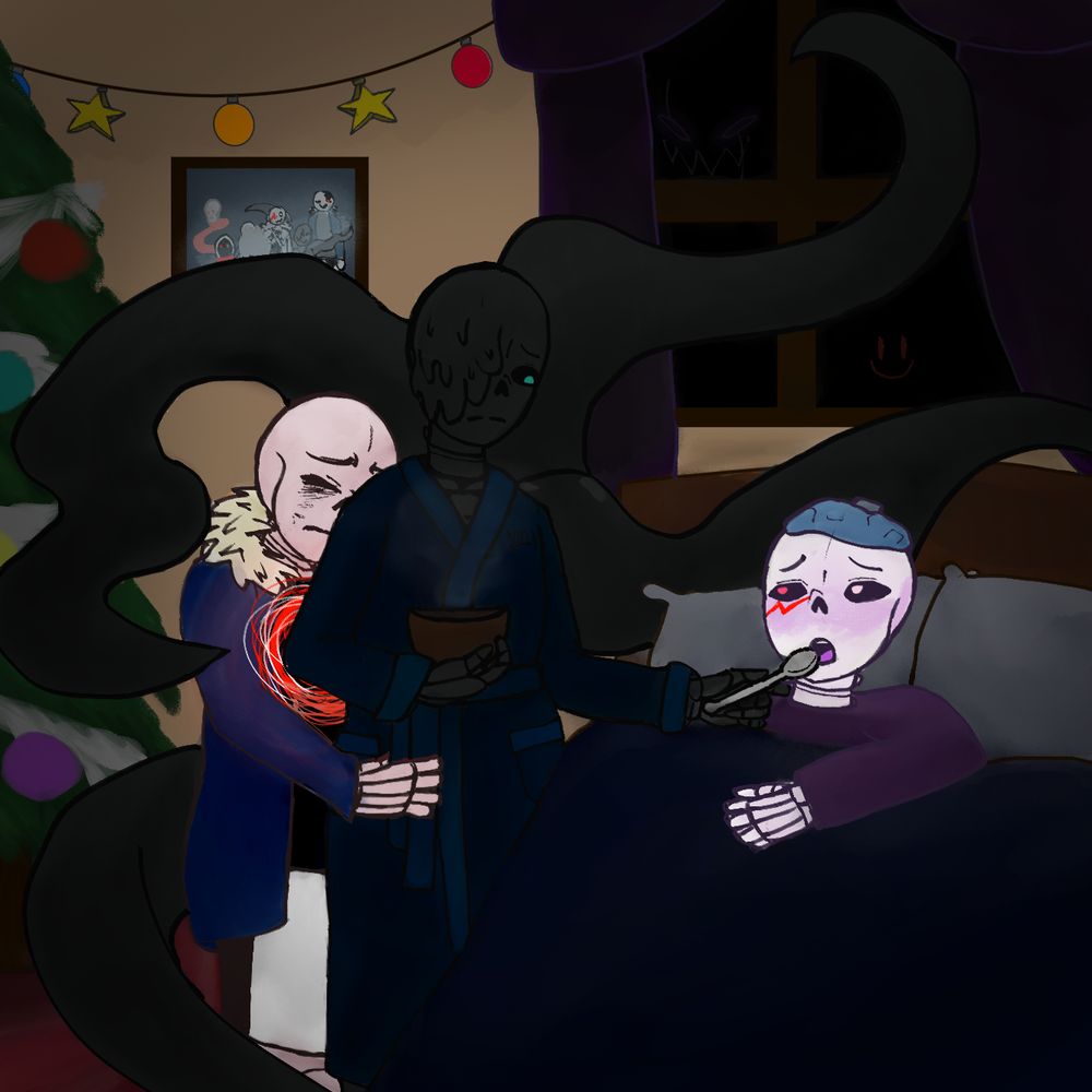 Nightmare Sans is center frame, spooning soup into Cross Sans's mouth as the other lies sick in bed on the right. Behind Nightmare, Killer Sans is holding onto him, visibly upset, and his soul is erratic. There is a window in the background, a group photo with Dust Sans and Horror Sans, a dark Christmas tree, and dark string lights (alternating circles and stars).