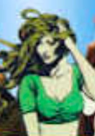 Grainy pic of cartoon lady with green crop top and blonde or maybe green hair. 