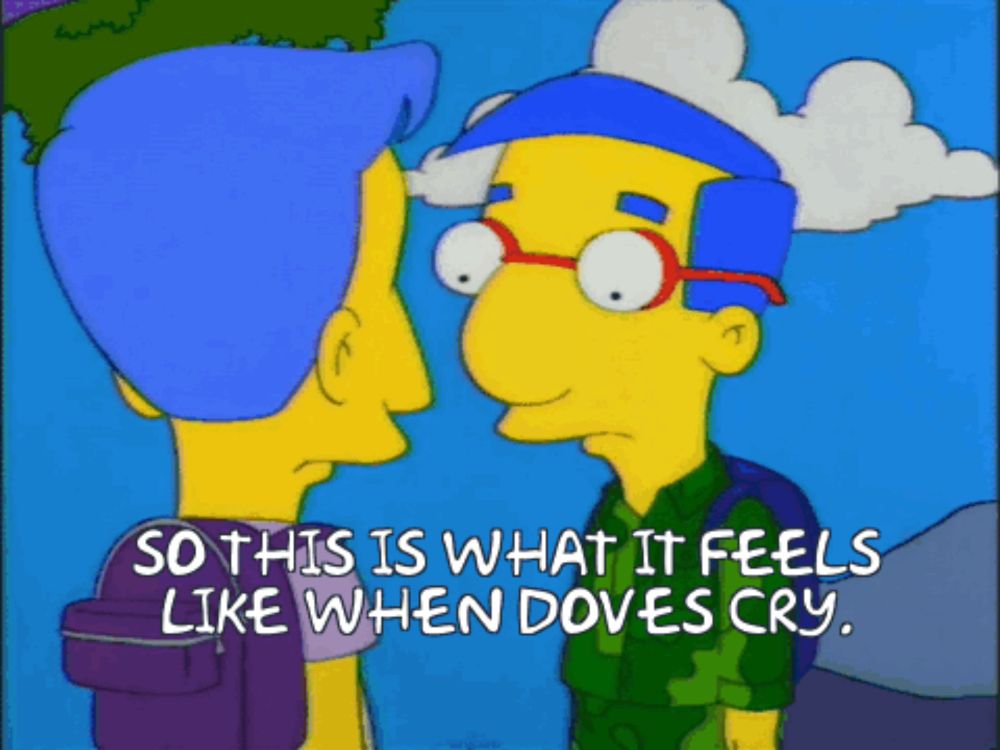 a cartoon character with blue hair says so this is what it feels like when doves cry ..