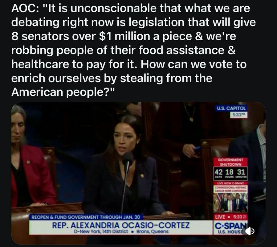 Screenshot of AOC on CSPAN with her quote: "It is unconscionable that what we are debating right now is legislation that will give 8 senators over $1 million a piece & we're robbing people of their food assistance & healthcare to pay for it. How can we vote to enrich ourselves by stealing from the American people?"