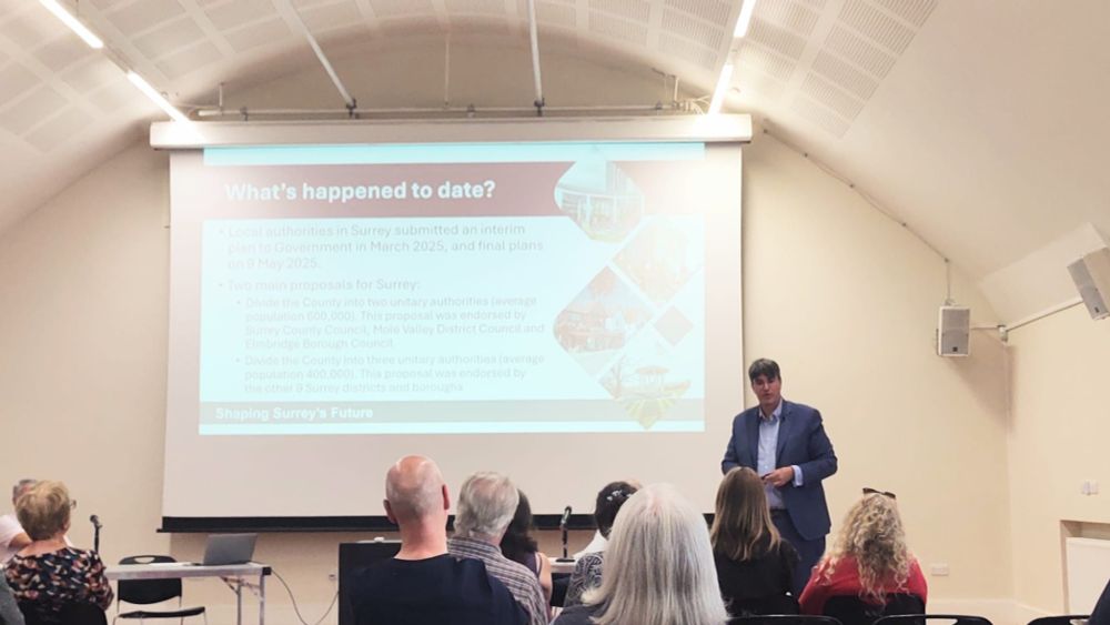 Cllr Paul Follows hosting the information session on Local Government Reorganisation in Godalming.