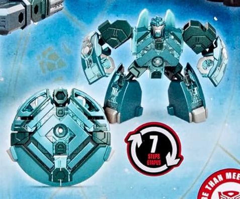 Age of the Primes Micronus Prime, who transforms into a blue-green shape with a Mini-Con symbol on it