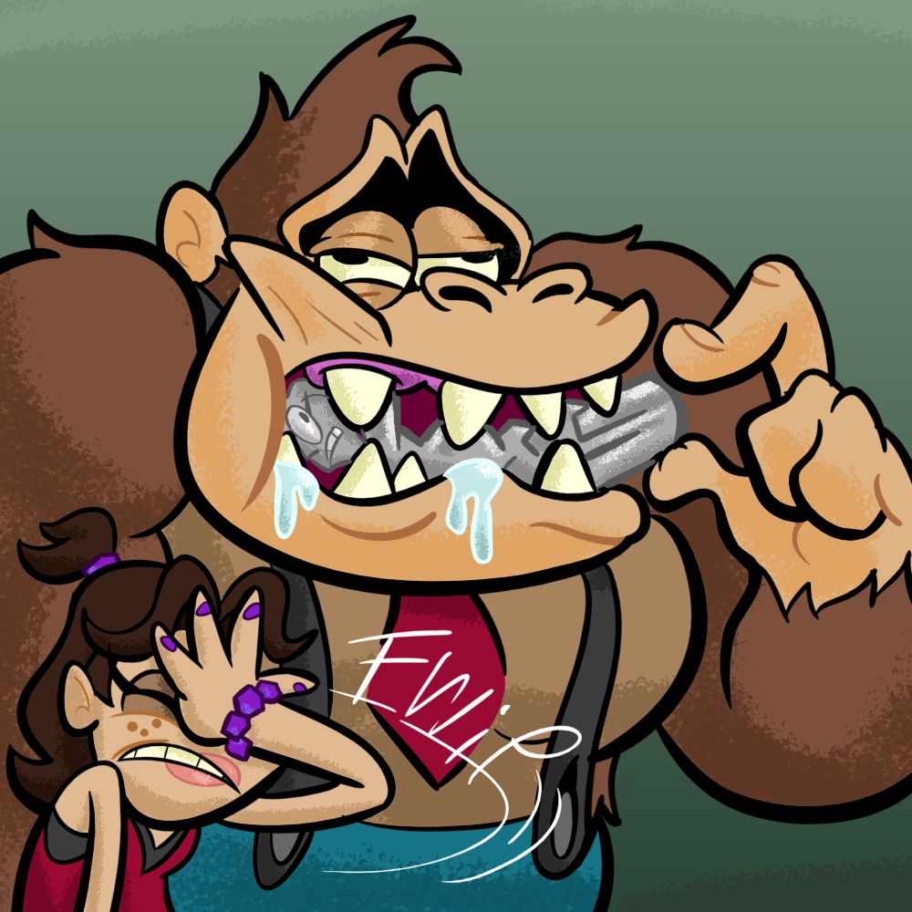 DK attempts to eat said trophy, much to Pauline's dismay