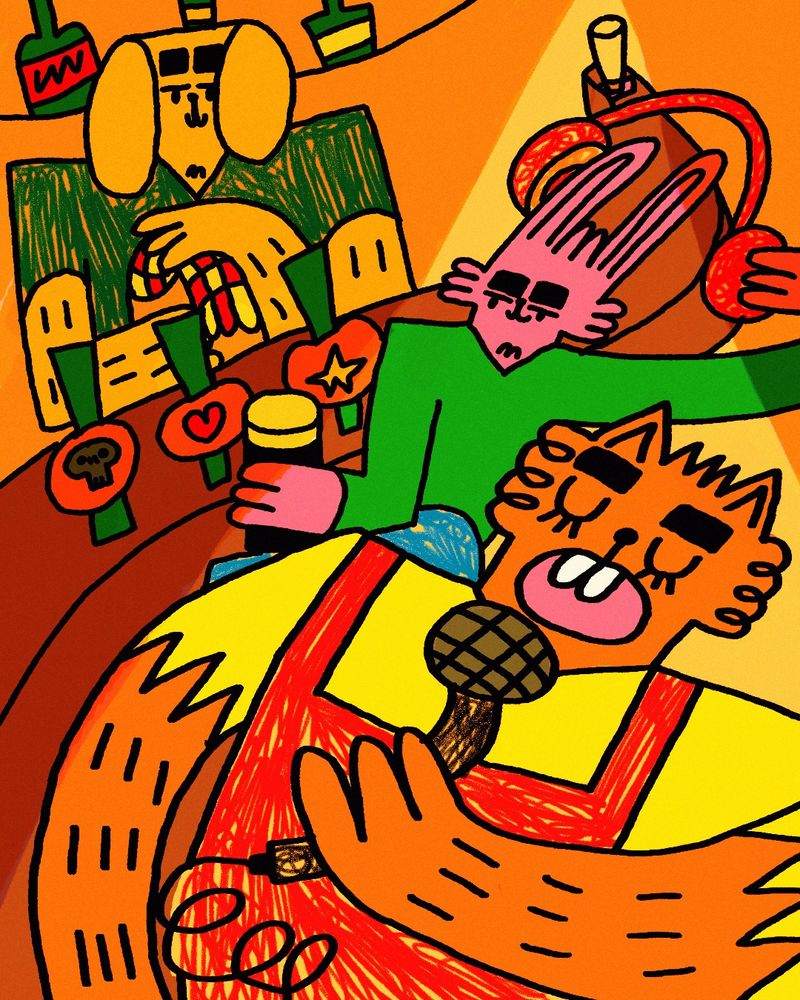 An anthropomorphic cat-like animal sings karaoke at a pub with an anthropomorphic bunny and dog bar person watching in the background