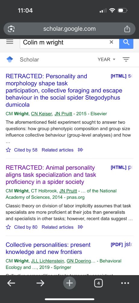 Screenshot of the top Google Scholar results for CM Wright, both retractions of publications due to scientific misconduct 