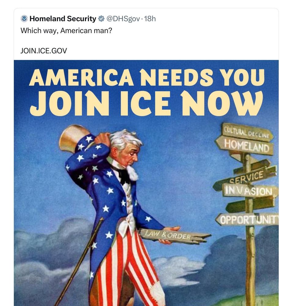 A picture of Uncle Sam at a crossroads, captioned 