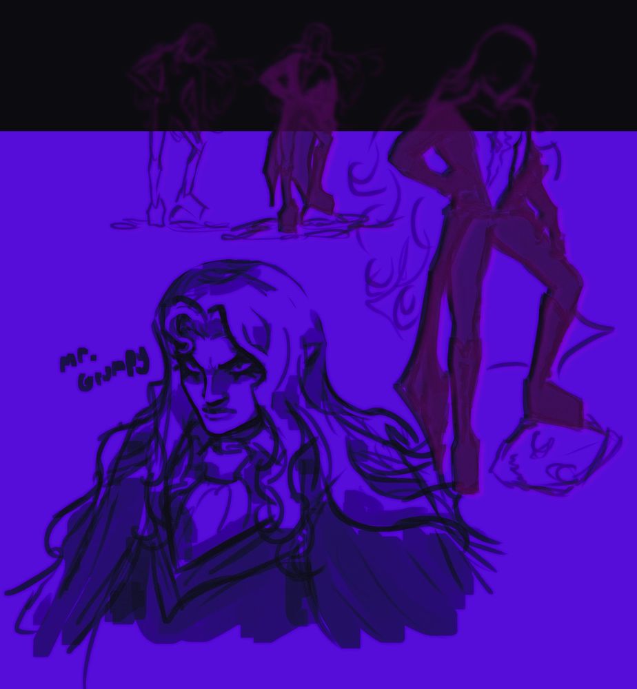a couple of sketches of alucard from castelvania against a purple background. in one he is grumpy and the other is a sketch for a possible standee i wanna make 