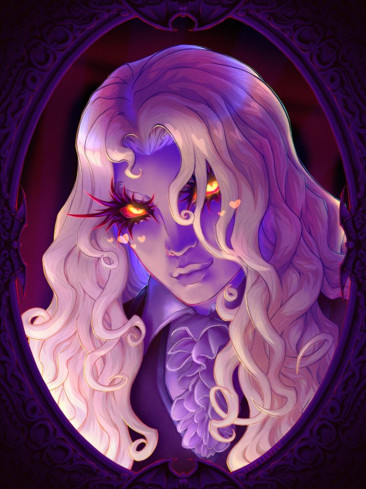 A digital art piece, no AI used, of Alucard from Castlevania. It's based on his nocturne look with the red sclera and paler appearance. It's colorful, leaning towards purples and reds because I can't resist that color scheme. Alucard is in a simple portrait style pose with an oval frame around him. He is very open to pinching his cheeks, I've heard. 