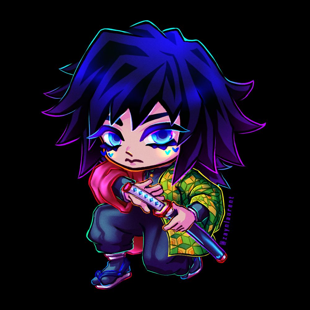 Digital art piece of Giyuu from Demon Slayer in a chibi style. He is on one knee about to pull his sword out, looking calm. No AI used.