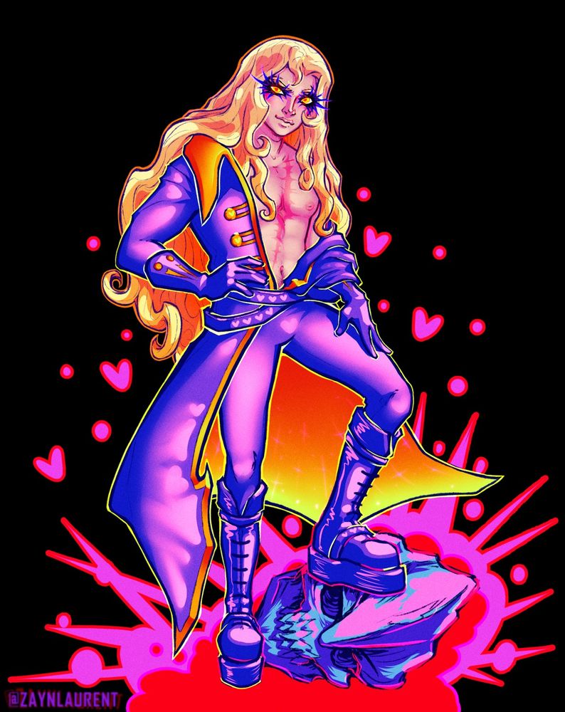 A digital art piece of Alucard from castlevania with one of his boots on top of a night creature's head. Full body, shirtless, with lots of bright colors, very girly pop of him. Lots of hearts everywhere too :3 for the love. NO AI USED.