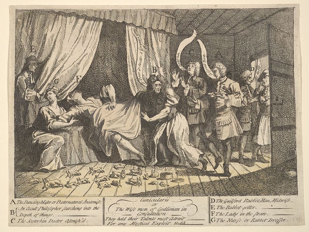 Cunicularii by William Hogarth, showing Mary Toft in the bagnio, surrounded by three eminent physicians, and other characters from the story, with one of them delivering a rabbit. Available at https://www.metmuseum.org/art/collection/search/396783