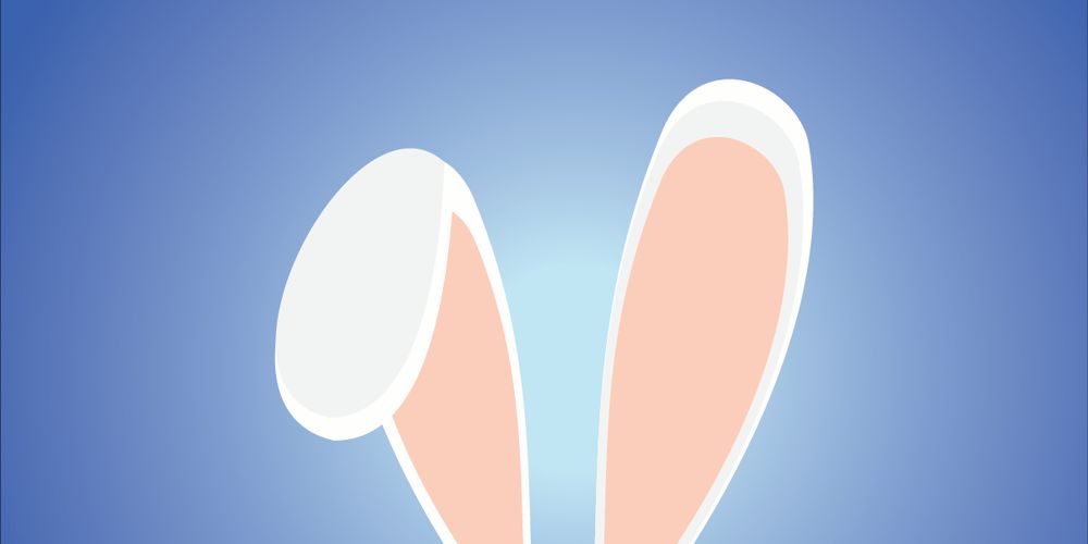 The illustration shows a pair of bunny ears against a blue gradient background. The ears are upright, with the inner parts coloured pink and the outer parts white.