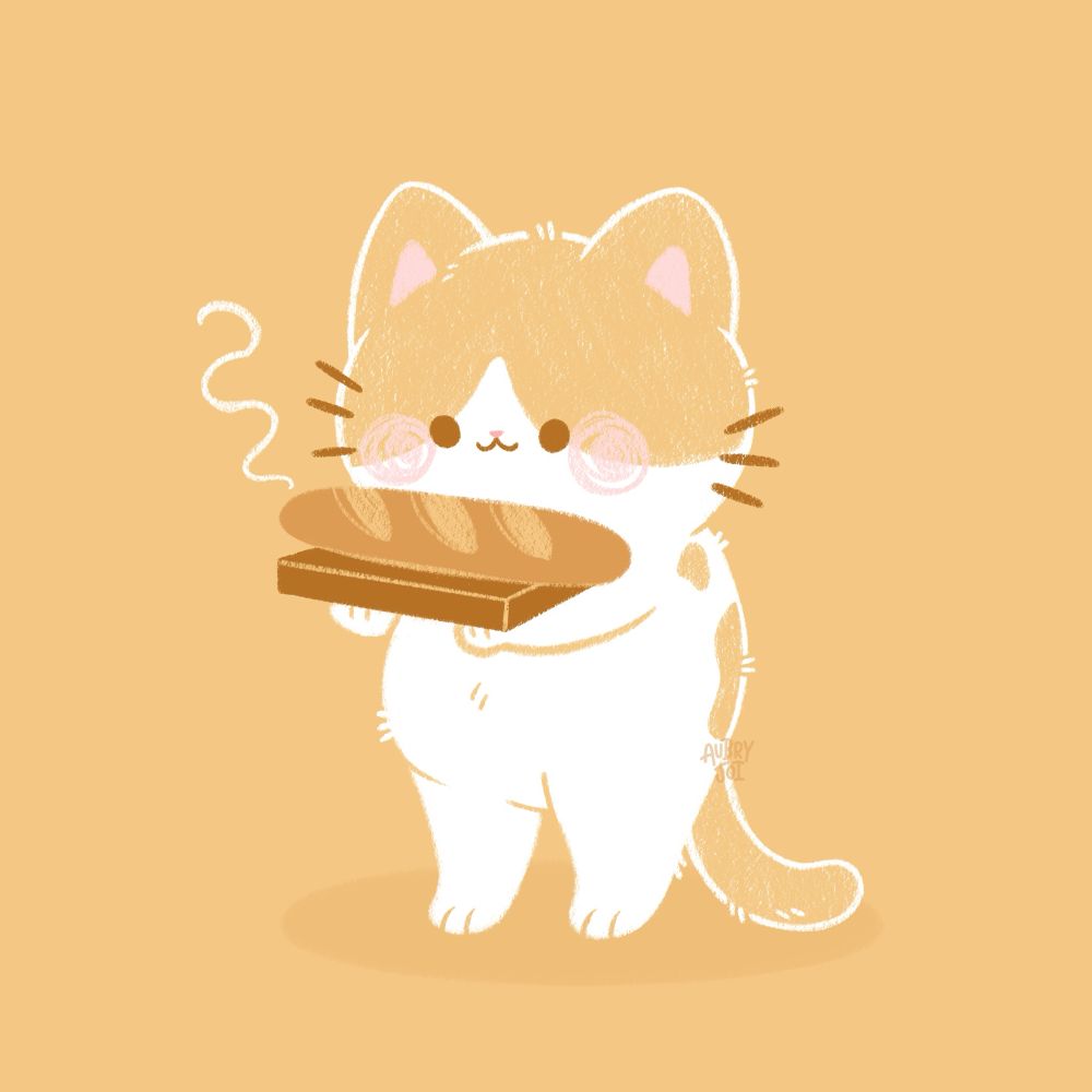 A stylized, cute illustration of a white and orange cat standing up on its hind legs and holding out a fresh baguette on a cutting board.