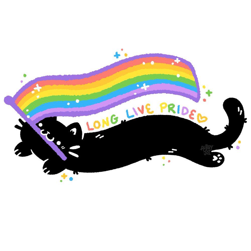 A digital illustration of a wiggly long black cat holding a wiggly long rainbow pride flag in its mouth. Over the cat’s back, it says “long live Pride” in rainbow colors. The cat wishes everyone who is reading this a very happy Pride month!