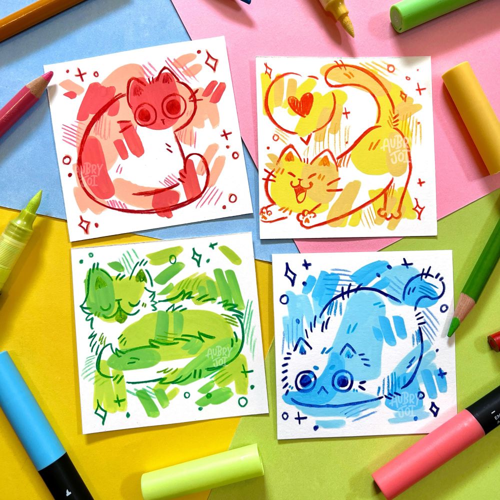 Four sketchy doodle illustrations of cats made up of brush pen marks and colored pencil outlines. They’re each made up of shades of a different color: red, yellow, green, & blue.